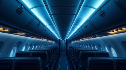 The modern aircraft cabin with soft blue lighting creates a feeling of comfort and technological sophistication, making it suitable as a backdrop for advertising air travel or tourist offers.