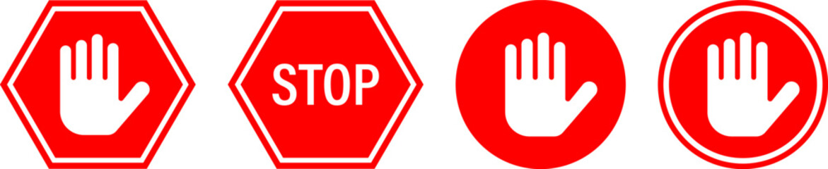 Obraz premium Four different stop signs with hand gestures on a white background