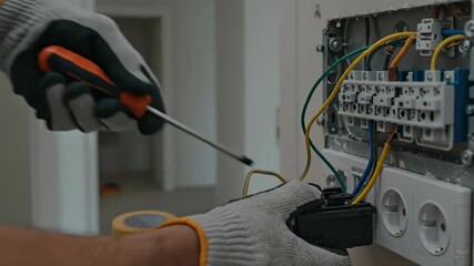 Electrician installing a wall socket close-up. Hands in protective gloves using a screwdriver and multimeter to fix wiring. Electrical maintenance and home renovation concept