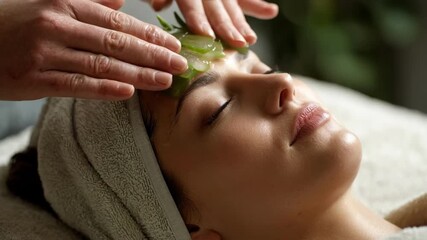 Medium shot of a woman receiving a soothing facial treatment using aloe vera gel highlighting the calming hydrating effects of the natural skincare ingredient.