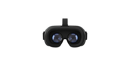 Front view closeup of a black virtual reality headset with bright blue lenses ready for immersive digital exploration on transparent background
