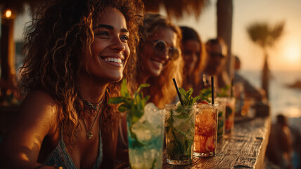 Cheerful girls enjoy mojitos and sunset vibes at a beach celebration