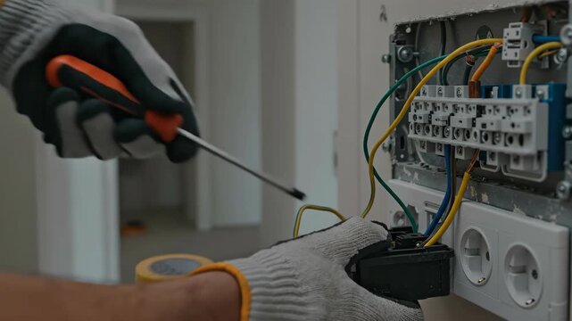 Electrician installing a wall socket close-up. Hands in protective gloves using a screwdriver and multimeter to fix wiring. Electrical maintenance and home renovation concept