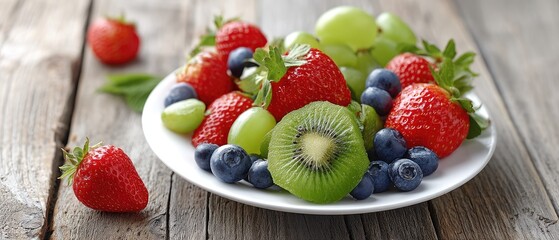 Colorful fruit platter with strawberries, blueberries, grapes, and kiwi on a white plate on a wooden table for healthy eating