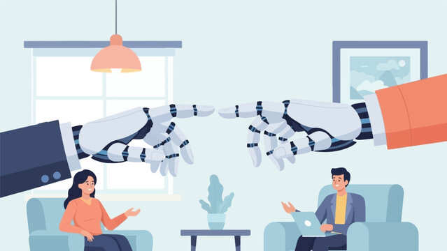 Human and robot hands reach towards each other in a modern room