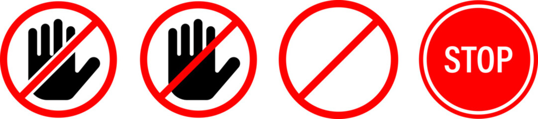 set of four prohibition signs with hand and stop symbols