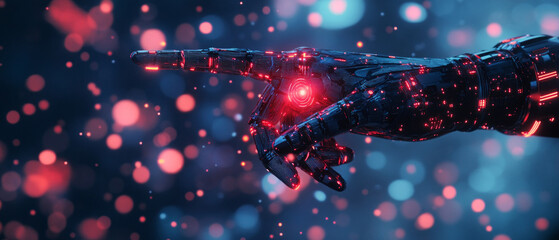 The futuristic robot arm with glowing elements symbolises technological progress and innovation, making it ideal for atmospheric backgrounds  