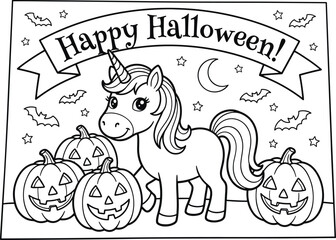 PrintBlack and white coloring page of a cute unicorn standing with jack o lantern pumpkins and bats for Happy Halloween