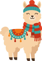 Obraz premium Boho llama with hat, scarf and colorful blanket clipart in cartoon flat style. Cute winter alpaca vector illustration. Adorable cartoon animal, perfect for prints, kids' products, and greeting cards.