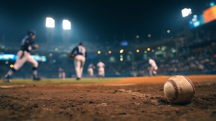 Nighttime baseball game featuring a close-up of a ball on the dirt, with blurred players and stadium lights