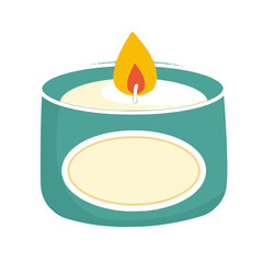 Isolated Lit Candle in Teal Container with Blank Label