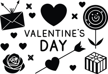 silhouette vector illustration of Valentine love set with heart shapes rose arrow letter envelope box chocolates for romantic celebration
