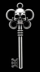 Intricate silver skull skeleton key with ornate filigree details isolated on a black background for a gothic aesthetic look.