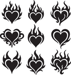 Stylized Heart tattoo Neo tribal set silhouette vector illustration, gothic rock flame shape kit, vector u2k abstract love logo concept. Valentine punk retro sticker collection, neotribal web goth dec