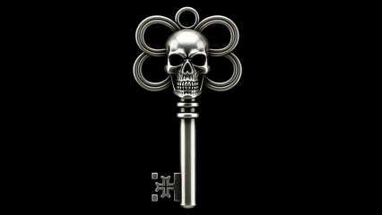 Polished chrome gothic key featuring a realistic human skull head and decorative bit against a dark minimalist setting.