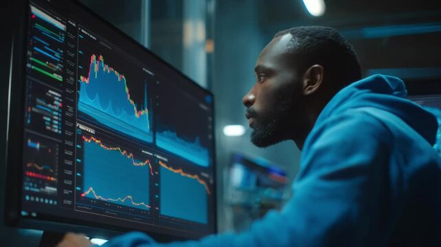 Medium shot of technician interacting with asynchronous AI system dashboard analyzing elevator performance data offline