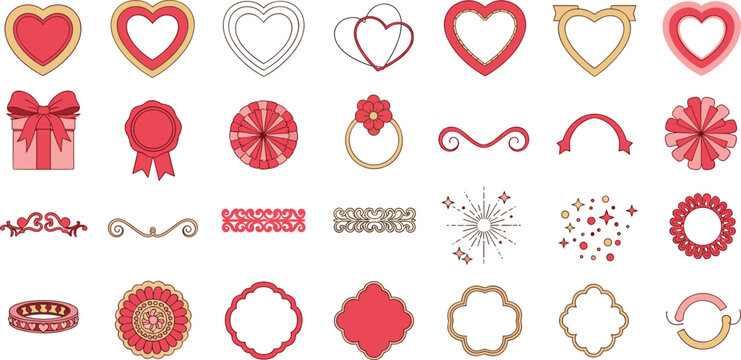 Valentine's Day decorative elements with hearts and flowers