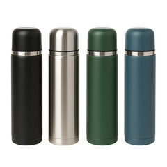 Stainless steel vacuum flasks collection isolated on transparent background
