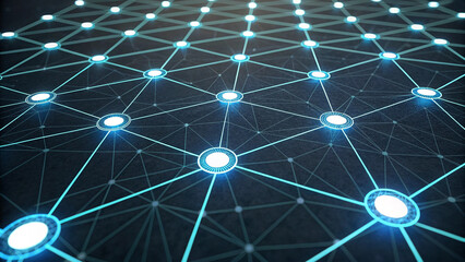 Global Digital Network Connections with Glowing Blue Nodes and Lines, Technology Blockchain and Data Transfer Concept