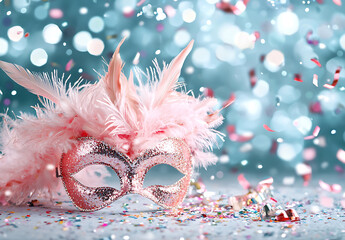 Colorful carnival mask with feathers and confetti on festive background, evoking joy and celebration