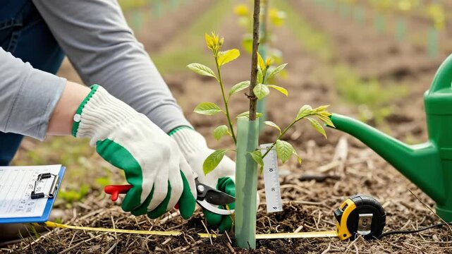 Close-up of gardener hands pruning a young tree sapling with shears. Agricultural worker caring for a plant in a field nursery with watering can and measuring tape. Growth and maintenance concept