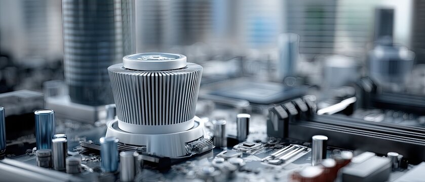 Close-up view of motherboard showing liquid capacitors and components in detailed layout for electronics and technology enthusiasts