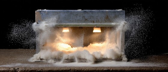 Cleaning air vent with dust brush in industrial ductwork as debris flies around under lighting during a maintenance task