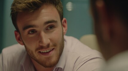 Man smiling while talking with another person at a meeting in an office setting