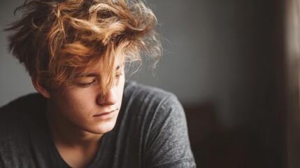 Young man with messy hair looks down with a serious expression in a room with soft lighting