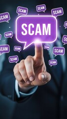 ​An illustrative concept of digital deception featuring a hand reaching for a bright purple scam bubble in cyberspace.