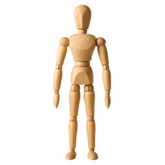 Wooden artist mannequin standing pose isolated on transparent background