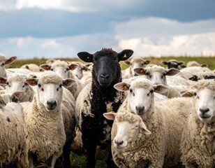 Fototapeta premium A black sheep stares out from a crowd of white sheep under a partly cloudy sky in a grassy field