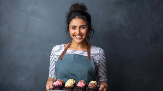 Smiling baker woman holding a tray of delicious frosted cupcakes against a dark background