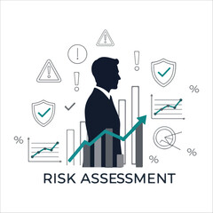 actuary silhouette vector illustration Businessman assessing risk with data analysis and security icons