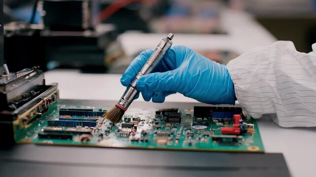 Medium shot of a worker scrubbing a circuit board with a solventsoaked brush carefully eliminating stubborn grime for improved conductivity.
