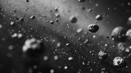 Black and white abstract of floating celestial rocks in a grainy, hazy environment