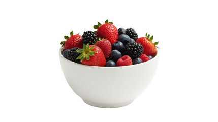 Fresh mixed berries including bright red strawberries blueberries blackberries and raspberries piled high in a white bowl on transparent background