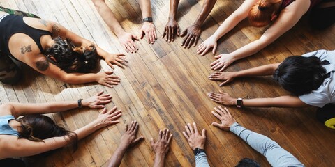 Diverse group in a circle, hands touching wooden floor. Unity and teamwork. Multiracial, mixed gender group showing collaboration and connection. Teamwork in action. People joining hands.
