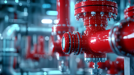 Close up of red valve water treatment system, showcasing industrial design and engineering precision. vibrant colors highlight functionality