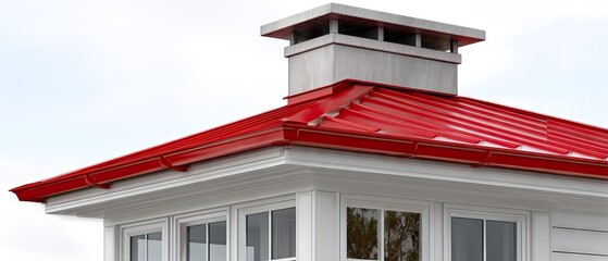 Close-up of red metal roof with chimney on corner of house showing architectural style and design features during clear weather