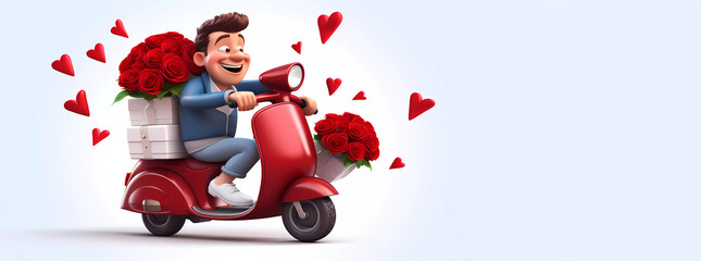 Cartoon Guy on Scooter Carrying Gift and Bouquet of Red Roses