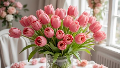 Elegant Pink Tulip Bouquet in Glass Vase with Soft Natural Light &ndash; Romantic Spring Floral Arrangement for Home Decor, Celebrations, and Interior Styling