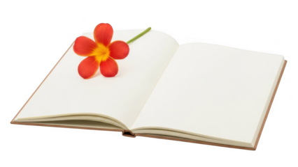 Open notebook with red flower isolated on transparent background 