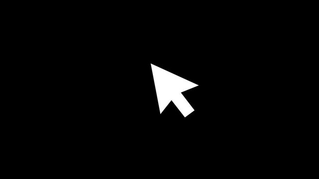 A sharp white computer mouse cursor arrow pointing diagonally upwards and to the right, isolated on a completely black background, signifying selection, navigation, or user interface interaction in
