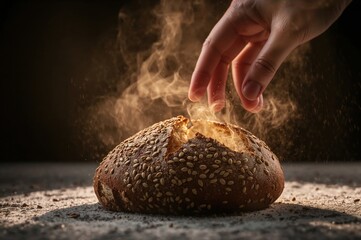 Warm sourdough moment caught as fragrant steam rises gently from a freshly opened loaf
