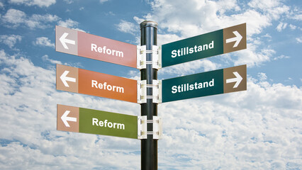 Fototapeta premium Signposts the direct way to reform versus stagnation