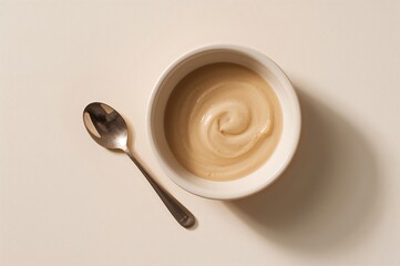 A soothing studio scene where a tiny spoon rests beside gently swirling creamy tahini