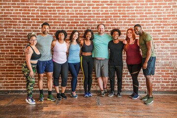Group of diverse people in athletic wear standing together. Smiling, diverse group in sports...