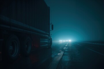 Foggy night highway reveals glowing semi-truck forging ahead through misty cinematic Americana atmosphere