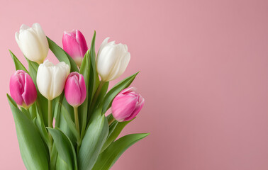 Obraz premium Soft pastel pink background with bouquet of pink and white tulips, elegant spring floral copy space for greeting cards, wedding invitations, posters, banners, feminine holiday branding